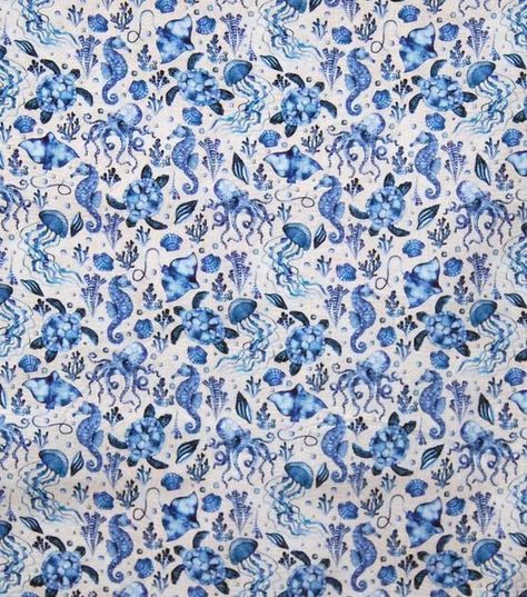 Blue Nautical Sea Life Premium Cotton Fabric | JOANN Blue Cottagecore, Blue Color Schemes, Joanns Fabric And Crafts, Nautical Theme, Intricate Design, Quilt Inspiration, Sea Creatures, Sea Life, Craft Stores