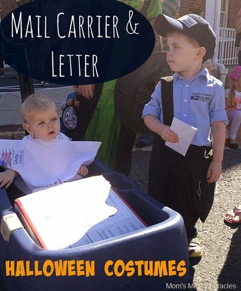 Diy Mail Carrier Costume, Mail Carrier Costume, Autumn Favorites, Sibling Halloween Costumes, Diy Mail, Future Costume, Costumes Diy, Diy Costumes Kids, Baby Letters