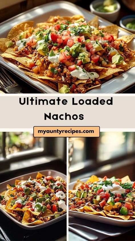 Elevate your snack game with our Ultimate Loaded Nachos! These nachos are loaded with crispy chips, melted cheese, seasoned ground beef, beans, and fresh toppings like guacamole, sour cream, and salsa. Perfect for game day, parties, or a quick weeknight treat, these nachos are customizable and full of flavor. Easy to make and impossible to resist, they’re the ultimate party food! Nacho Chips Recipe, Ground Beef Nachos, Loaded Nachos Recipe, Nachos Recipe Beef, Best Ground Beef Recipes, Baked Nachos, Nacho Toppings, Nachos Recipe Easy, Nacho Chips