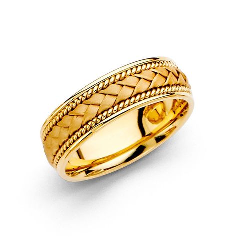 Our Woven Wedding Band has been crafted from solid 14k yellow gold. This beautiful wedding band features a woven design center with a twisted pattern along the edges and an exterior polished bevel. Gold Color: Yellow Gold Width: 6mm Metal Purity: 14k Hypoallergenic Ring Type: 14k Solid Gold Woven Wedding Band Markings: Authenticated with a 14K stamp Please Note: As a commitment to excellence Sil Jewelry only offers quality gold & fine diamond jewelry. Our products are not plated or filled. W Braided Wedding Band, Gold Band Wedding Ring, Band Wedding Ring, 14k Gold Wedding Band, Comfort Fit Wedding Band, Satin Style, Cuff Bracelets Handmade, Rope Braid, Braid Designs