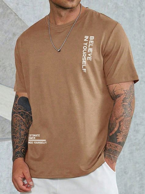 Brown Casual Collar Short Sleeve Fabric Slogan  Embellished Slight Stretch Summer Men Tops Male Graphic Tees, Classy Outfits Men, Gym Workouts For Men, Mens Fashion Smart, Guys Clothing Styles, Men Plus Size, Men Tops, Tshirt Outfits, T Shirt Men