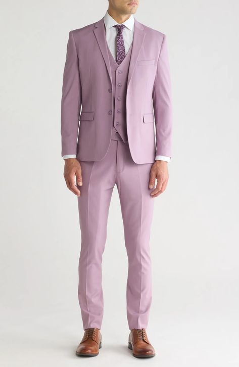 Gino Vitale Skinny Fit Solid Stretch Three Piece Suit | Nordstromrack Mens Lavender Suit, Purple Suit For Wedding, Colored Groom Suit, Lavender Groomsmen Attire, Spring Suits For Men, Lilac Suit Men, Pastel Suits For Men, Purple Suit Men, Light Purple Suit