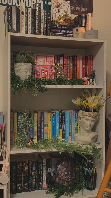 Basic Bookshelf Makeover, Fairycore Bookshelf, Bookshelf Room Decor, How To Organize Bookshelf, Cluttered Bookshelf Aesthetic, Corner Bookshelf Aesthetic, Small Book Shelf Aesthetic, Earthy Bookshelf, Book Shelf Aesthetic Bedroom