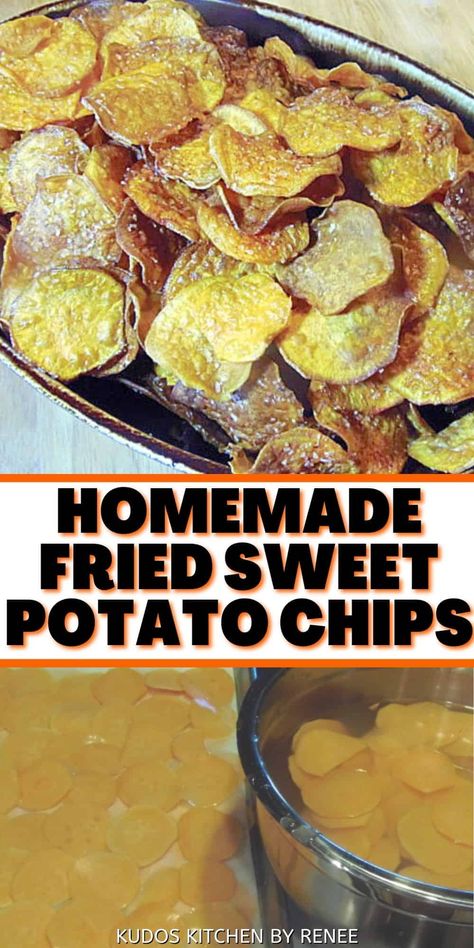 If you like crunchy food and you're also a fan of sweet potatoes, then these Homemade Fried Sweet Potato Chips with sweet and smoky flavor are what you'll crave. #sweetpotatochips #homemadepotatochips #potatochips #friedpotatochips #snacks #homemadesnacks #sweetandsaltysnacks #sweetandsavorysnacks #sweetpotatoes #kudoskitchenrecipes Sweet Potato Chips Fried, Crispy Sweet Potato Chips, Potato Chips Homemade, Homemade Sweet Potato Chips, Fried Mushroom Recipes, Fried Sweet Potato, Crunchy Food, Homemade Potato Chips, Fried Potato Chips