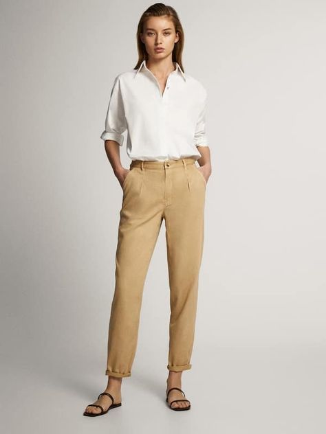 Beige Hose, Massimo Dutti Women, Women White Blouse, White Shirts Women, Beige Pants, Summer Capsule Wardrobe, Uniform Fashion, Neutral Outfit, Casual Work Outfits