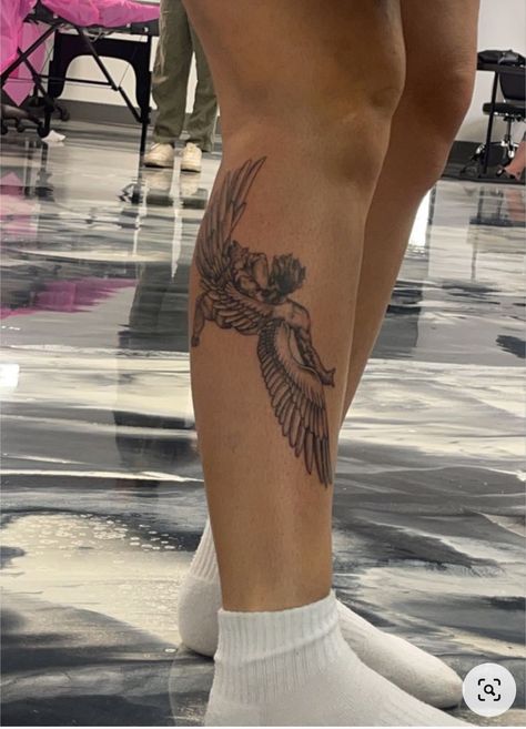 Bird Tattoo Men Leg, Men Hip Tattoo, Male Calf Tattoo, Male Thigh Tattoo, Icarus Tattoo Simple, Leg Word Tattoo, Male Leg Tattoos, Men’s Tattoo Ideas Leg, Tattoo Leg Sleeve