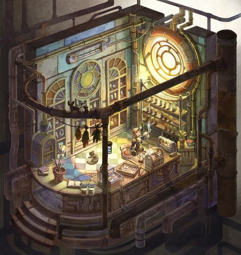 Steam Punk Room, Interior Concept Art, Steampunk City, Bg Design, Building Illustration, Isometric Art, Perspective Art, Fantasy House, Fantasy Places