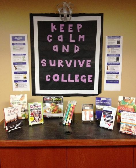 Keep Calm and Survive College Academic Library Displays, College Library Displays, Library Display Ideas, Library Outreach, Library College, College Ministry, Library Artwork, Academic Library, Library Orientation