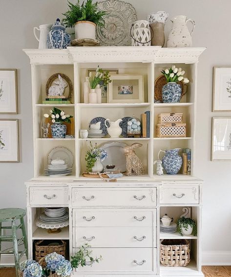 White China Cabinet, Bookshelf Styling Living Room, Shelf Staging, China Cabinet Decor, Decorating With Blue, Vintage China Cabinet, Blue China Cabinet, Shelf Decor Living Room, Hutch Decor