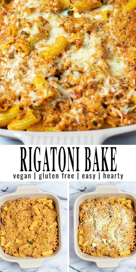 Vegan Rigatoni, Gluten Free Vegan Pasta, Rigatoni Bake, Easy Mediterranean Recipes, Vegan Ground Beef, Vegan Casserole, Vegan Beef, Vegan Mozzarella, Vegan Pasta Recipes