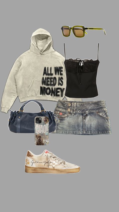 Baddie outfit | Y2K outfit | golden goose trainers | y2k 2000s bag | denim mini micro skirt | black top | all we need is money hoodie | hoodie | leopard print glasses | phone case cute | Leopard Print Glasses, Denim Mini Skirt Y2k, Y2k Denim Skirt, Trainers Outfit, Mini Outfit, Baddie Outfit, Phone Case Cute, Denim Skirt Outfits, Micro Skirt