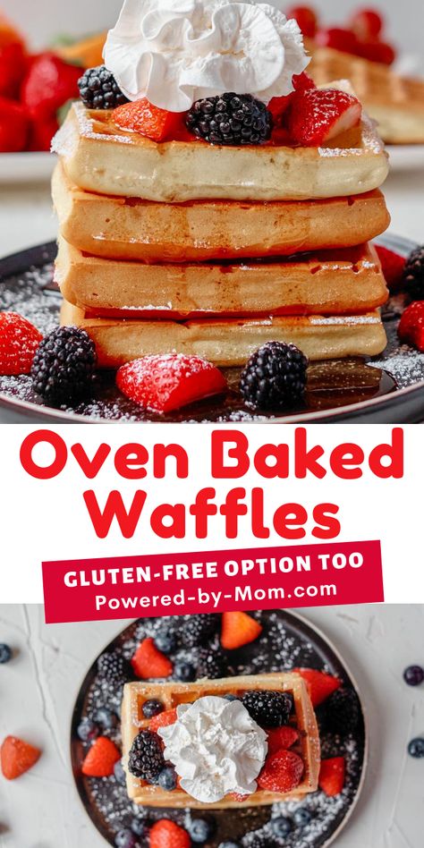 Oven Baked Waffles Recipe - Gluten Free Option Too! - Powered By Mom Baked Waffles Oven, Make Waffles, Waffles Breakfast, Easy Waffle Recipe, Gluten Free Milk, Waffles Easy, Gluten Free Waffles, Waffles Recipe, Breakfast Casseroles