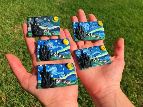 Starry Night Clay Art, Starry Night Clay, Van Gogh Polymer Clay, Van Gogh Clay Art, Polymer Clay Fridge Magnets, Cherry Blossom Painting Acrylic, Painter Gifts, Polymer Clay Magnet, Clay Magnets