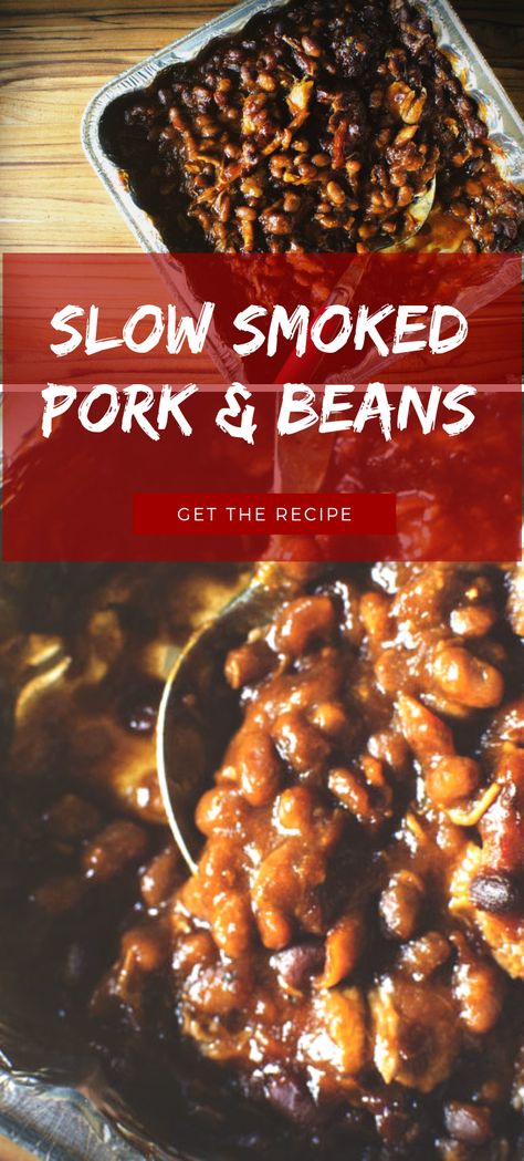 Looking for a killer smoked barbecue pork and bean recipe? This is it! Pop this dish in the smoker and let the flavors infuse. Perfect as a side or for toppings on baked potatoes, hot dogs, and more! These slow smoked pork and beans are your new summer go to. Smoked Baked Beans Recipe, Smokehouse Recipes, Smoked Baked Beans, Pork And Beans Recipe, Family Lunch Recipes, Fast Family Meals, Pork And Beans, Family Breakfast Recipes, Bean Recipe