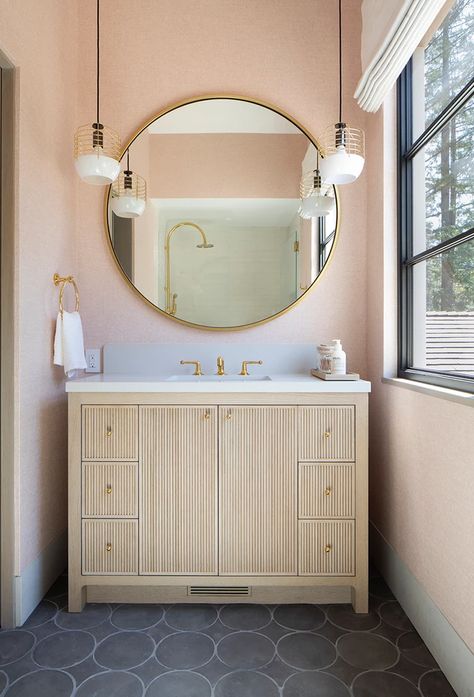 PALO ALTO Gray Baseboards, Bathroom Baseboard, Subway Tile Bathroom, White Pendants, White And Gold Wallpaper, Brooke Wagner Design, Brooke Wagner, Lake House Bathroom, Blue Laundry Rooms