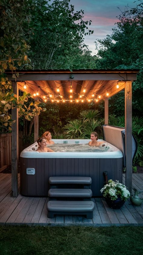 Don't let limited space limit your relaxation! A compact jacuzzi fits perfectly in small yards, offering luxury and comfort. Create a serene escape right at home. #SmallYardSolutions #CompactJacuzzi #OutdoorLuxury #HomeRetreat #BackyardUpgrade Spa Pergola, Coin Spa, Jacuzzi Deck, Jacuzzi Ideas, Hot Tub Shelters, Outdoor Home Design, Cottage Yard, Ideas For Small Backyards, Pool Ideas For Small Yards