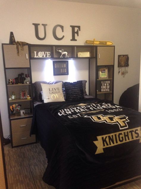 Several stores near UCF (Walmart, Target, Bed Bath & Beyond) have great UCF comforters like this one. (NorthView room pictured) Ucf Dorm Room Ideas, Ucf Dorm, Target Bed, House Necessities, Target Bedding, Daybed Sets, Popular Living Room, College House, Dorm Room Bedding