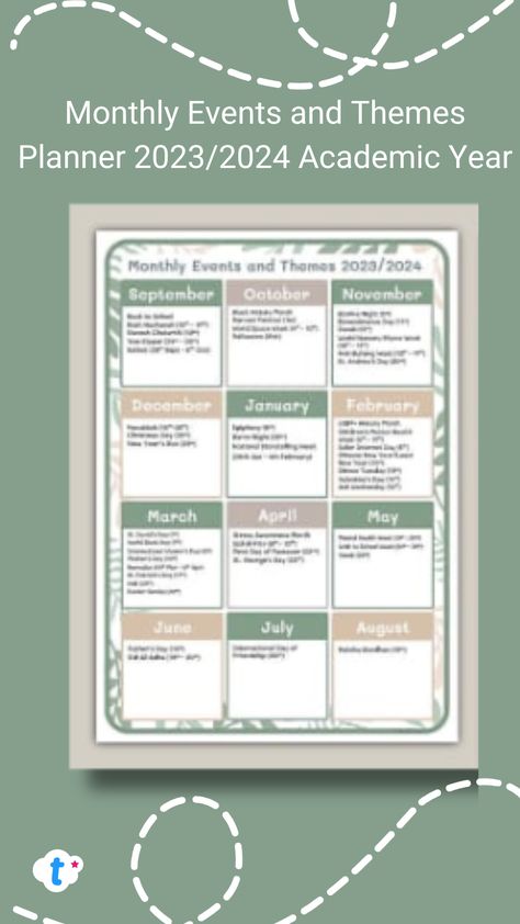 Are you looking for a handy calendar to plan out your ideas with important celebrations and events? This Botantical-Themed Monthly Events and Themes Planner 2023/2024 Academic Year contains a list of events and celebrations for each month from September 2023 to August 2024, making it ideal for you to note down the events you wish to cover in your classroom. September 2024, Event Calendar, 2023 2024, How To Plan, Quick Saves, Organisation