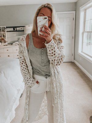 Macrame Cardigan by Free people Lounge Fashion, Sweet Talker, Cardigan Outfit, Boho Macrame, Cardigan Outfits, Gray Tank, Cardigan Vest, Crochet Dress, Style Me