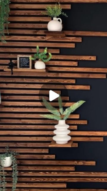 Wall Of Wooden Slats, Easy Wood Wall Diy, Slats On Wall Bedroom, Slat Walls Ideas, Wood Wall Projects, Black Wall With Wood Slats, Wood Slat Wall With Shelves, Slats On Wall, Slat Wall Bathroom