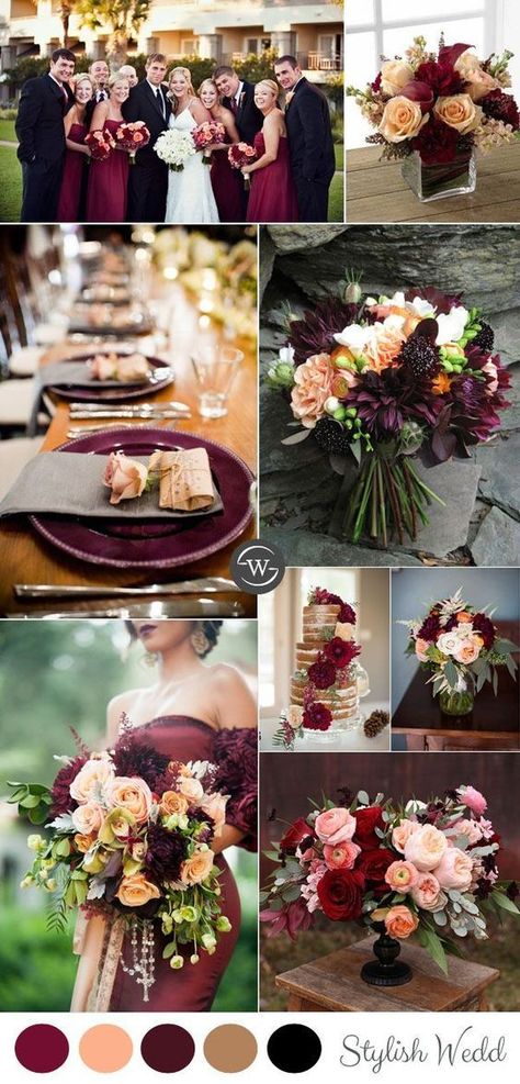 burgundy and peach rustic fall wedding colors ideas Red Black Champagne Wedding, Burgundy Blush Black Wedding, Fall Wedding Colors September Rustic, Cabernet Fall Wedding, Black And Burgundy Wedding Invitations, Plum And Burgundy Wedding, Mulberry Wedding Color Scheme, Cabernet Wedding Colors, Champagne And Burgundy Wedding