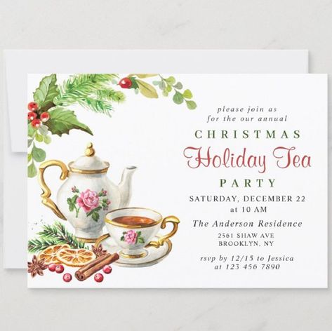 Christmas holiday tea party invitations featuring a festive vintage inspired teapot and teacup design. afflink Tea Party Watercolor, Holiday Tea Party, Christmas Tea Party, Holiday Tea, Holiday Christmas Party, Tea Party Invitations, Christmas Stationery, Holly Berry, Holiday Party Invitations