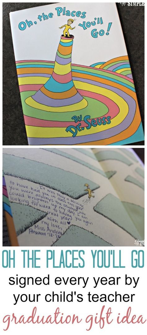 Oh, the Places You’ll Go signed every year by your child’s teacher. | 26 Incredibly Meaningful Gifts You Can Give Your Kids Cheap Graduation Gifts, Dr. Suess, Meaningful Graduation Gifts, Teacher Graduation Gifts, Graduating Teacher, Teacher Signs, Dr Suess, Up Book, Grad Gifts