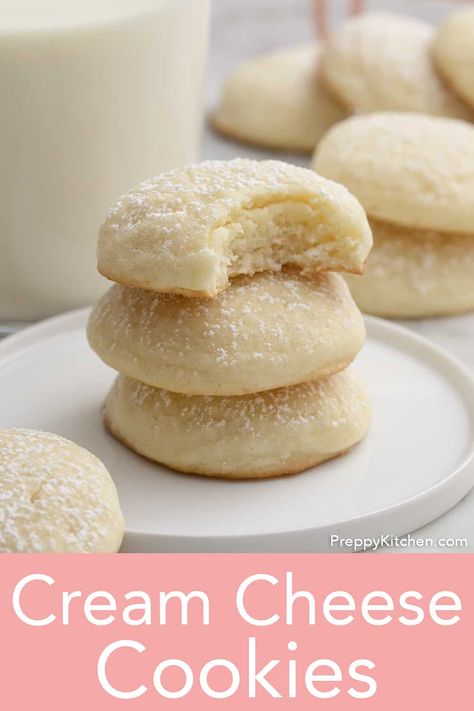 These delicious, fluffy cream cheese cookies MELT in your mouth and have the most delightful flavor; perfectly sweet with a nice tang from the cream cheese and a hint of vanilla. Cream Cheese Dainties, Cream Cheese Cookie Recipe, Joy Cookies, Cream Cheese Desserts, Christmas Delights, Preppy Kitchen, Make Cream Cheese, God Mad, Cream Cheese Cookies