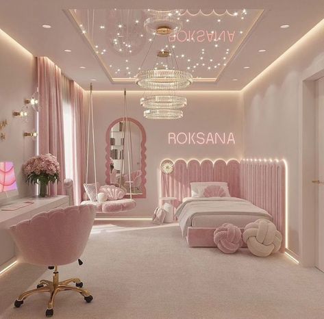 Princess Room Inspiration, Baby Pink Bedroom Aesthetic, Luxury Teen Girl Bedroom, Daughter Room Design Modern, Girly Room Design, Rich Girl Room, Cute Pink Bedroom Ideas, Luxury Girls Room, Girly Girl Bedroom