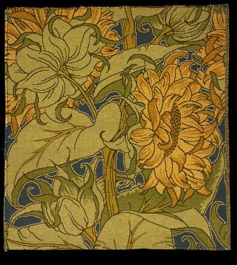 Sunflowers; The Cestrefeld | bject: Furnishing fabric  Place of origin: Great Britain, United Kingdom (made)  Date: ca. 1895 (designed)  Artist/Maker: Voysey, Charles Francis Annesley, born 1857 - died 1941 (designer)  Alexander Morton & Co. (designed for)  Materials and Techniques: Tapestry woven wool and cotton Tapestry Woven, Academic Art, Art Nouveau Floral, Art Nouveau Architecture, Easy Arts And Crafts, Sunflower Art, National Art, Arts And Crafts Movement, Victoria And Albert