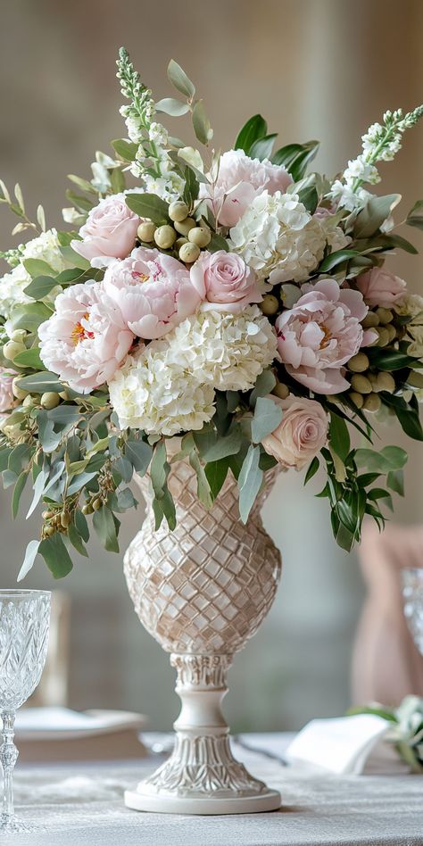 12 Gorgeous Hydrangea Wedding Centerpieces That'll Make A Statement Hydrangea And Peony Bouquet, Rose And Hydrangea Centerpiece, Hydrangea Wedding Centerpieces, Peony Arrangements, Hydrangea Planters, Elegant Flower Arrangements, Hydrangea Centerpiece Wedding, Planter Box Centerpiece, Hydrangea Flower Arrangements