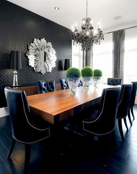 Dark accent wall with high gloss details- make a stencil instead of wallpaper Stylish Dining Room, Tufted Dining Chairs, Dining Room Contemporary, Black Dining Room, Contemporary Dining Room, Basement Flooring, Dining Room Inspiration, Design Del Prodotto, Room Decorations