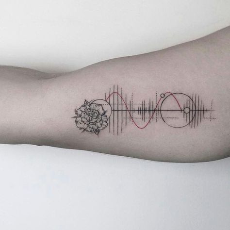 Space Tattoo Forearm, Flower Tattoo Upper Arm, Sound Wave Tattoo, Tattoo Upper Arm, Tv Tattoo, Geometric Flower Tattoo, Tattoo Forearm, Dotwork Tattoo, Space Tattoo