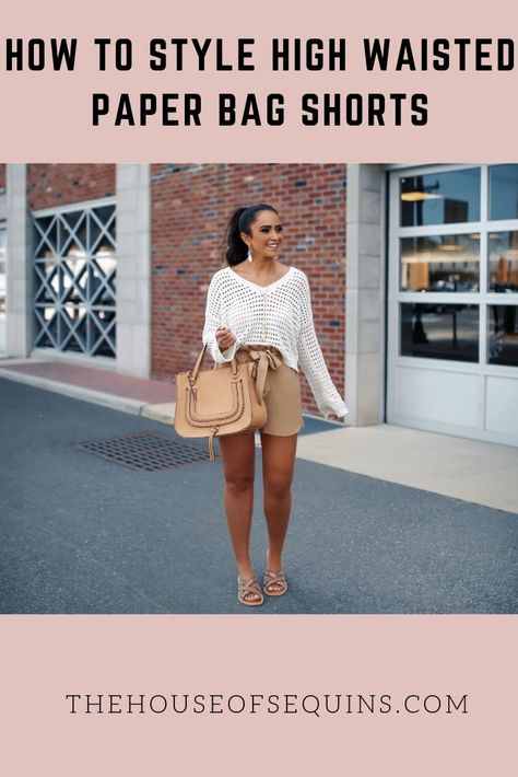 How To Style High Waisted Paper Bag Shorts Bag Shorts Outfit, Paper Bag Shorts Outfit, Casual Spring Looks, Curvy Summer Outfits, Winter Scarf Fashion, Amazon Fashion Finds, Open Stitch Sweater, Paper Bag Shorts, Shorts Outfit