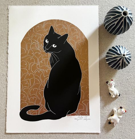 “Ginkgo Cat” in black and copper. Handmade linocut art print. 10”x14.” Find out more about this print on my website. 🐈‍⬛ . . . . . . . . #blackcatart #catlovers #catartwork #blackcatsig #blackcatslover #blockprints #blockprintlove #linocutlove #linocutart #linocutprints Cat Linocut, Linocut Design, Linocut Art, Black Cat Art, Cat Artwork, Cat Art Print, Linocut Prints, Linocut, Cat Art