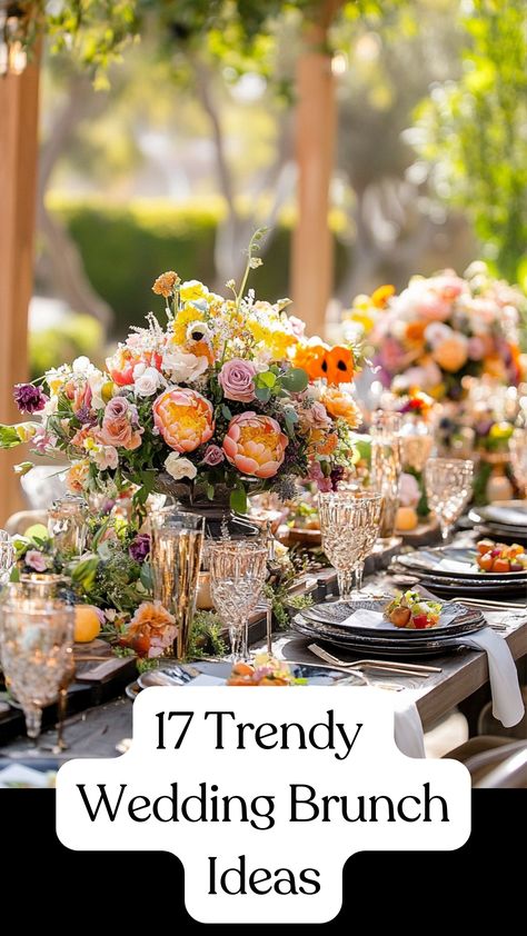 Trendy wedding brunch setup with elegant table settings, delicious menu options, and creative décor ideas for an unforgettable celebration. Fall Brunch Wedding Shower Ideas, Brunch Ideas Wedding Mornings, Spring Brunch Theme Ideas, Small Bridal Brunch Ideas, Elegant Brunch Menu Ideas, Hosting Brunch Ideas, Wedding Rehearsal Brunch, Wedding Brunch Ideas Decorations, Brunch Wedding Ideas Decor