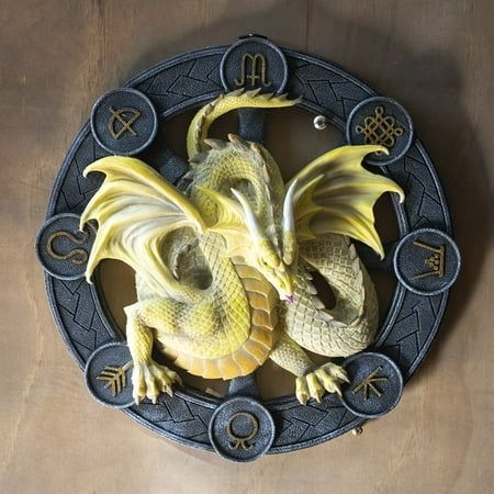 This Wheel Of The Year Sabbats Dragon Wall Plaque is made of polystone resin, hand painted and polished individually.  This Wheel Of The Year Sabbats Dragon Wall Plaque measures 11" High, 10.75" Wide and 2" Deep approximately. It weighs about 3 pounds.  Designed By Gothic Award Winning Guild Artist Anne Stokes From The United Kingdom. The Wheel of the Year is an annual cycle of seasonal festivals, observed by many modern pagans, consisting of the year's chief solar events (solstices and equinoxes) and the midpoints between them. The sabbat symbols spaced out on the dragon halo wheel which surrounds the dragon sculpting at the center. Each dragon pose and type differs according to the sacred Sabbat symbol that it represents.  This highly detailed resin wall art plaque features a 3D renditio Contemporary Rustic Decor, Dragon Poses, Solstice And Equinox, Anne Stokes, Dragon Wall, Wheel Of The Year, Resin Wall Art, Painted Resin, Warrior Spirit