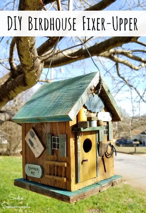 You know what kind of "Fixer Upper" is in MY budget? The birdhouse kind!! And this broken down DIY birdhouse was the perfect thrift store find to fix up with some barnwood or barnwood. Sadie Seasongoods created a new hinged roof and base with this upcycling project. Now it's all ready for the yard - get all the repurposing details at www.sadieseasongoods.com . #birdhouse #birdproject #fixerupper #junky #barnwood #birding #gardenart #upcycled Diy Birdhouse, Best Bird Feeders, Diy Bird Bath, Rustic Birdhouse, Bird House Plans, Unique Bird Houses, Bird House Kits, Upcycled Projects, Birdhouse Designs