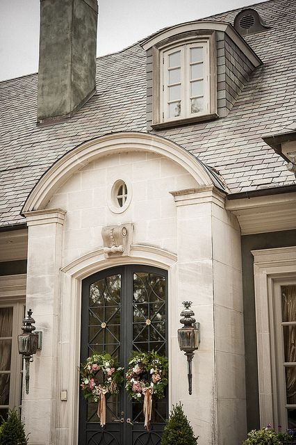 House façade exterior, double arched glass and wrought iron doors, smooth masonary. House Facade, Iron Doors, Beautiful Doors, French House, Style At Home, Entrance Doors, Facade House, Carlisle, My Dream Home