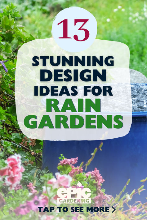 A large blue rain barrel filled with water in a flower garden Rain Spout Garden, Rain Water Garden Ideas, Rain Gardens Ideas, Rainscaping Ideas Diy, Rain Water Garden, Rainscaping Ideas, Rain Garden Diy, Rain Garden Ideas, Sustainable Garden Ideas