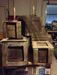 DIY: Pirate Crates.  Don't want all the work?  How about finding old crates and draping with netting.  How perfect would these be for our Halloween "Pirates Nightmare in the Caribbean" Party? Arrrr! Pirate Ship Front Porch Halloween, Pallet Pirate Ship, Pirates Of The Caribbean Party, Pirate Cave, Pirate Halloween Decorations, Halloween Pirates, Pirate Halloween Party, Pirates Life For Me, Pirate Props