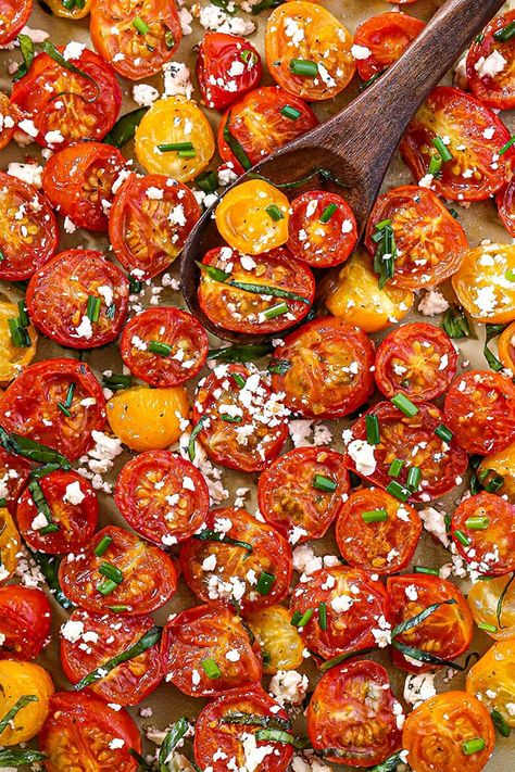 Crack Tomatoes {The Best Oven Roasted Tomatoes} - Swanky Recipes Baked Grape Tomatoes, Ranch Roasted Vegetables, Roasted Cherry Tomatoes With Feta, Sheet Pan Tomato Sauce, Cherry Tomato Feta, Lettuce Vegetable, Summer Side Dishes Recipes, Sausage Jambalaya, Cherry Tomato Recipes