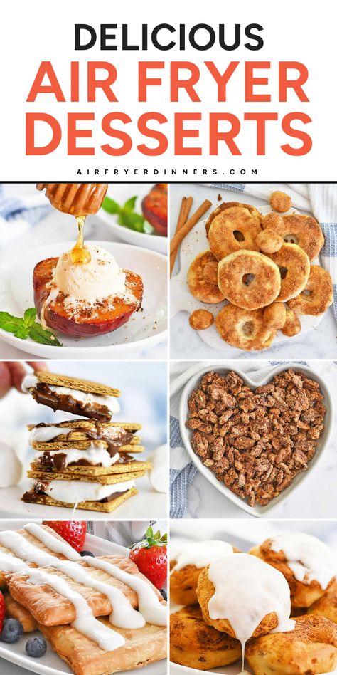 Looking for easy dessert ideas? These air fryer sweets are such yummy treats! From lava cakes to cookies to donuts and more, there's an air fried dessert recipe here for any craving! Save this pin! Easy Sweet Treats Air Fryer, Air Fryer Deserts Easy Healthy, Air Fryer Sweets Recipes, Baking Recipes Air Fryer, Air Fried Desserts, Air Fryer Sweets, Air Fryer Desserts Easy Recipes, Air Fryer Dessert Recipes, Fried Desserts