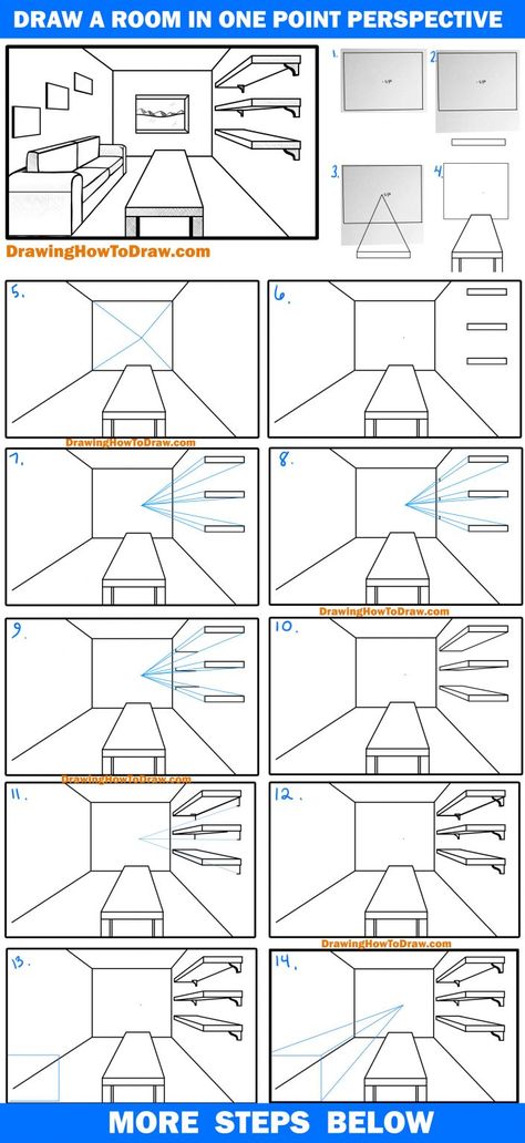 1 Point Perspective Drawing Step By Step, One Point Perspective Tutorial, How To Draw Prespective Sketches, Step By Step Perspective Drawing, 1point Perspective Drawing Easy, How To Draw Room Design, Practice Perspective Drawing, Perspective Drawing Reference Room, Perspective Tutorial Step By Step