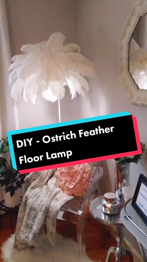 Diy Ostrich Feather Lamp, Diy Feather Lamp, Diy Standing Lamp, Ostrich Feather Lamp, Floor Lamp Makeover, Beauty Bar Ideas, Flower Floor Lamp, Diy Floor Lamp, Feather Lamp