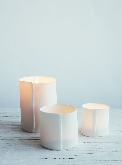 Porcelain lantern trio | Atelier Make | | Simons Lantern Set, Clean Dishwasher, Hand Shapes, Paper Lanterns, Candle Lanterns, Slow Living, Diffused Light, White Porcelain, Table Setting