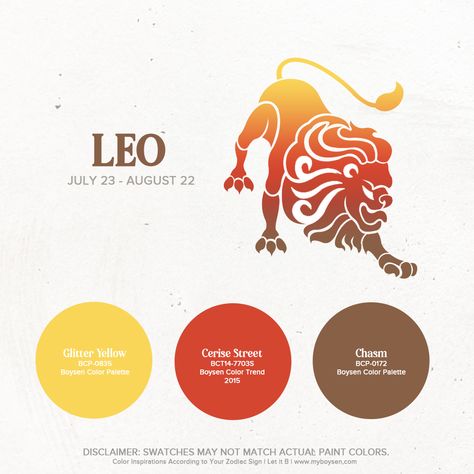 Boysen | Color Inspirations According to Your Zodiac Sign | MyBoysen Zodiac Sign Colors Palette, Zodiac Signs Colors, Book Cover Design Template, Libra And Leo, Leo Lion, Sunday Vibes, Zodiac Signs Leo, Leo Sign, Power Colors