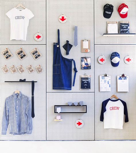 CargoCrew1 Pegboard Merchandise Display, Magnet Display Ideas Retail, Video Studio Design Ideas, Back To School Retail Display, Retail Merchandising Displays, Product Display Wall, Wall Product Display, Uniform Display, Large Pegboard