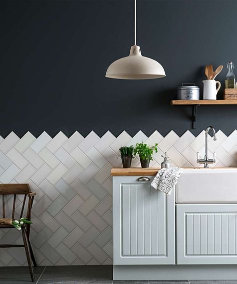 Wynter™ Hues Tile | Topps Tiles Moody Kitchens, Kitchen Floor Tile Design, Floor Tiles Design, Desain Pantry, Kitchen Tiles Design, Herringbone Backsplash, Herringbone Tile, Kitchen Wall Tiles, Kitchen Floor Tile