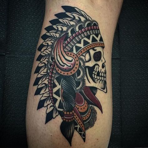 Traditional Tattoo Indian, Indian Headdress Tattoo, Traditional Tattoo Man, Indian Skull Tattoos, Headdress Tattoo, Indian Tattoo Design, Native American Tattoos, Native Tattoos, Traditional Tattoo Sleeve